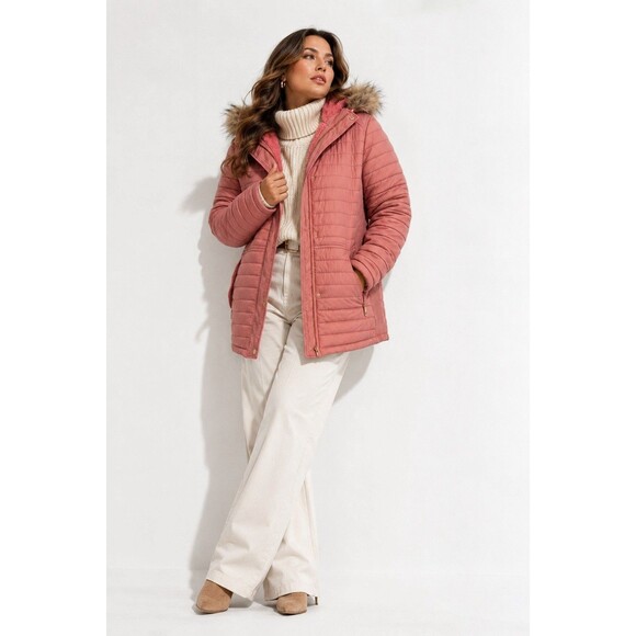 HanTon Jackets & Blazers - HanTon Women’s 2XL Dusty Rose Pink Quilted Puffer Parka Faux Fur Hood Coat